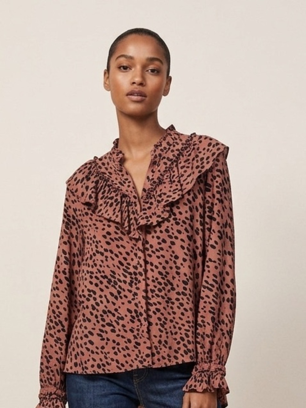 Zara Dusty Rose Animal-Print Ruffle Tie Neck Blouse